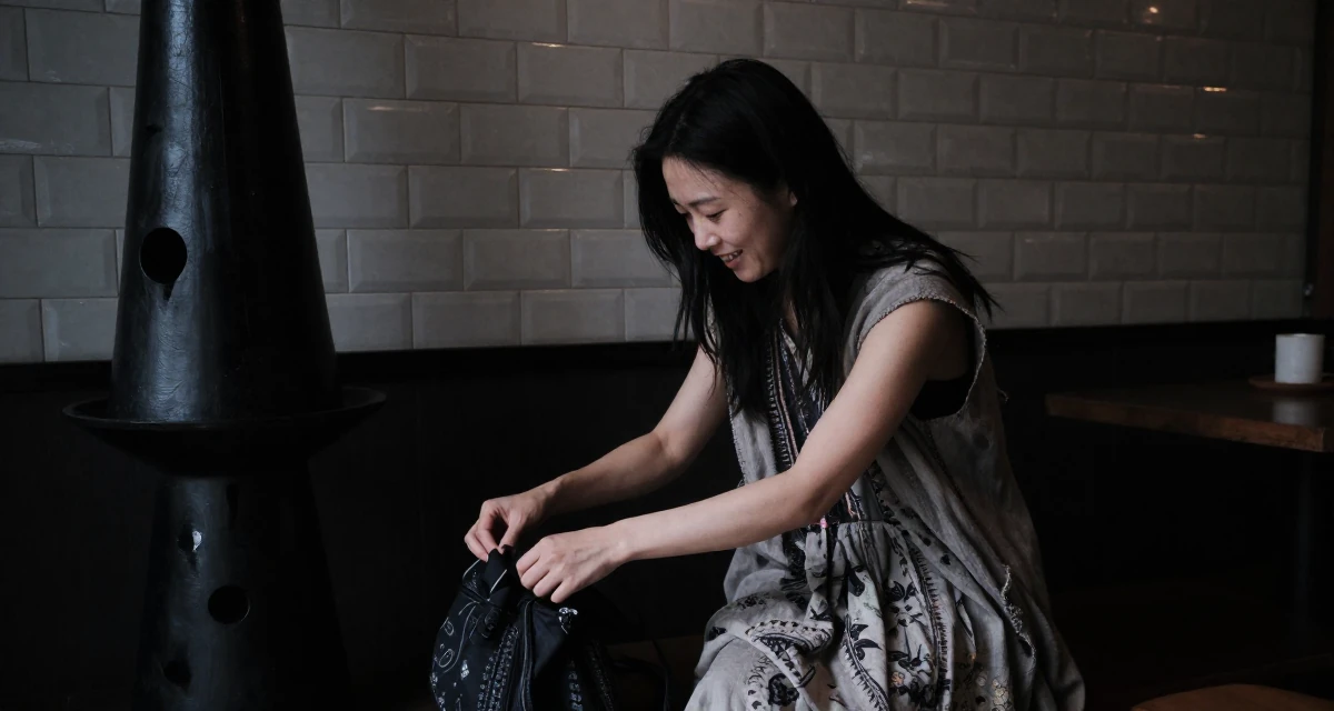 A sympathetic Female From Chongqing China, trained in yoga and body-movement expression in their 23, shifting from impulsiveness to intentional planning, wearing a relaxed bohemian style dress, closing a bag in a cozy café.