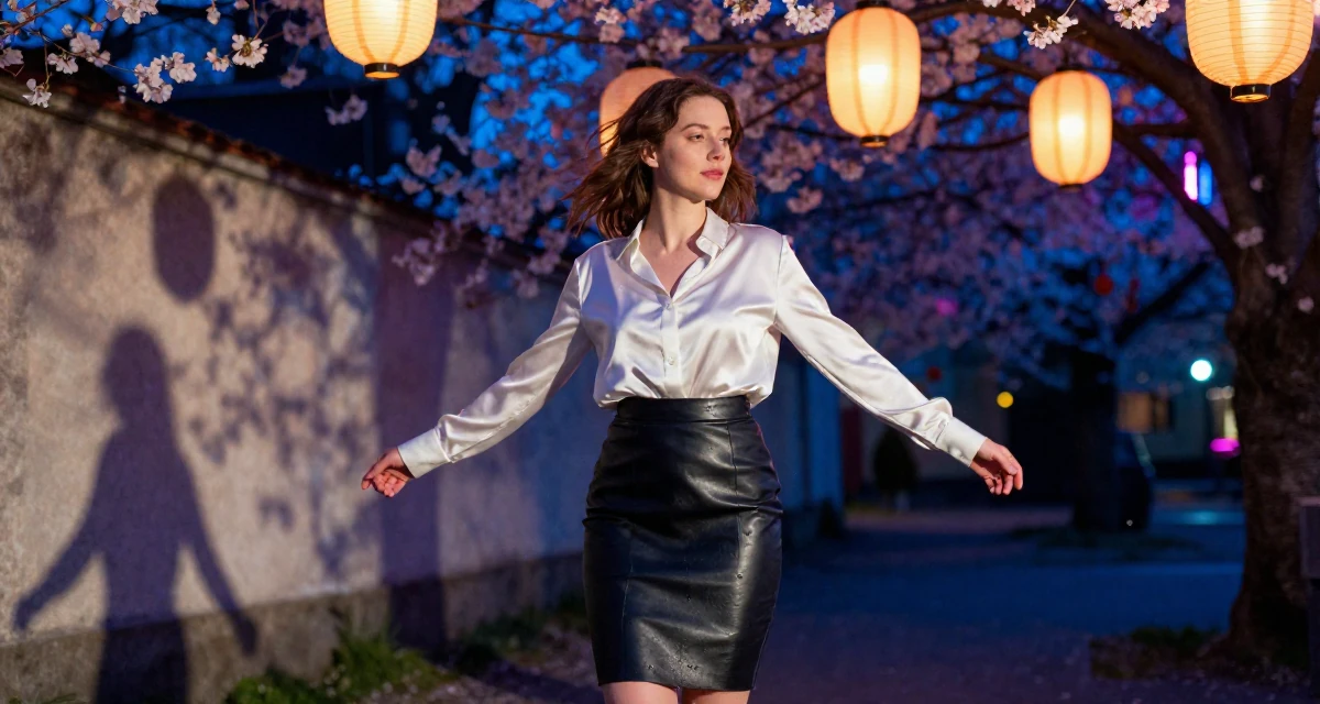 A contemplative Female From Stockholm Sweden, holds a degree in product design in their 25, testing personal boundaries through new experiences, wearing a white silk shirt tucked into a leather pencil skirt, clasping hands together in a cherry blossom park.