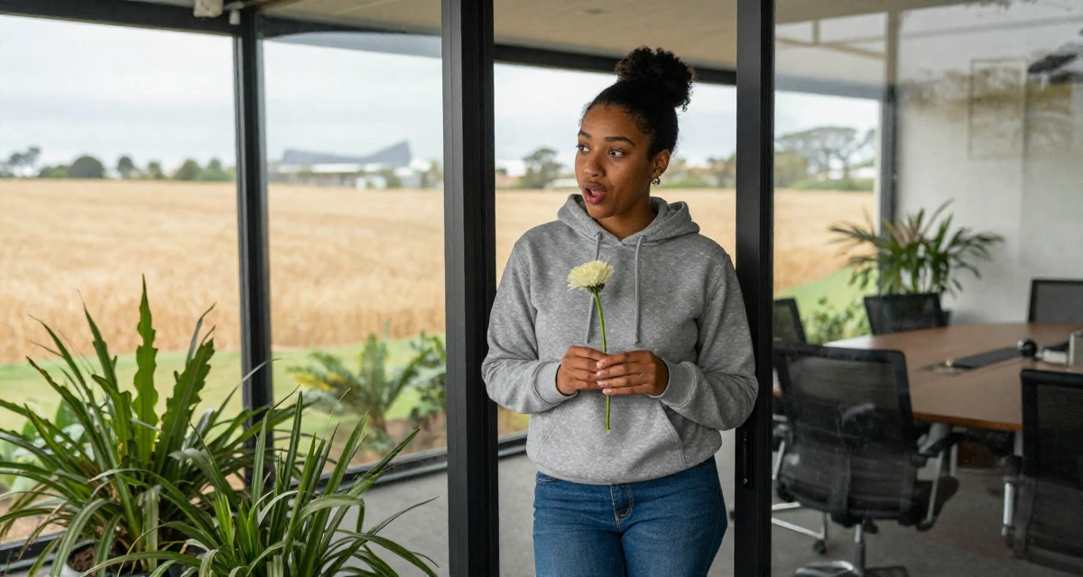 A energetic Female From Cape Town South Africa, studied film editing in their 25, transitioning from teenage habits to adult routines, wearing a classic grey hoodie and jeans, holding a single flower in a glass-walled conference room.