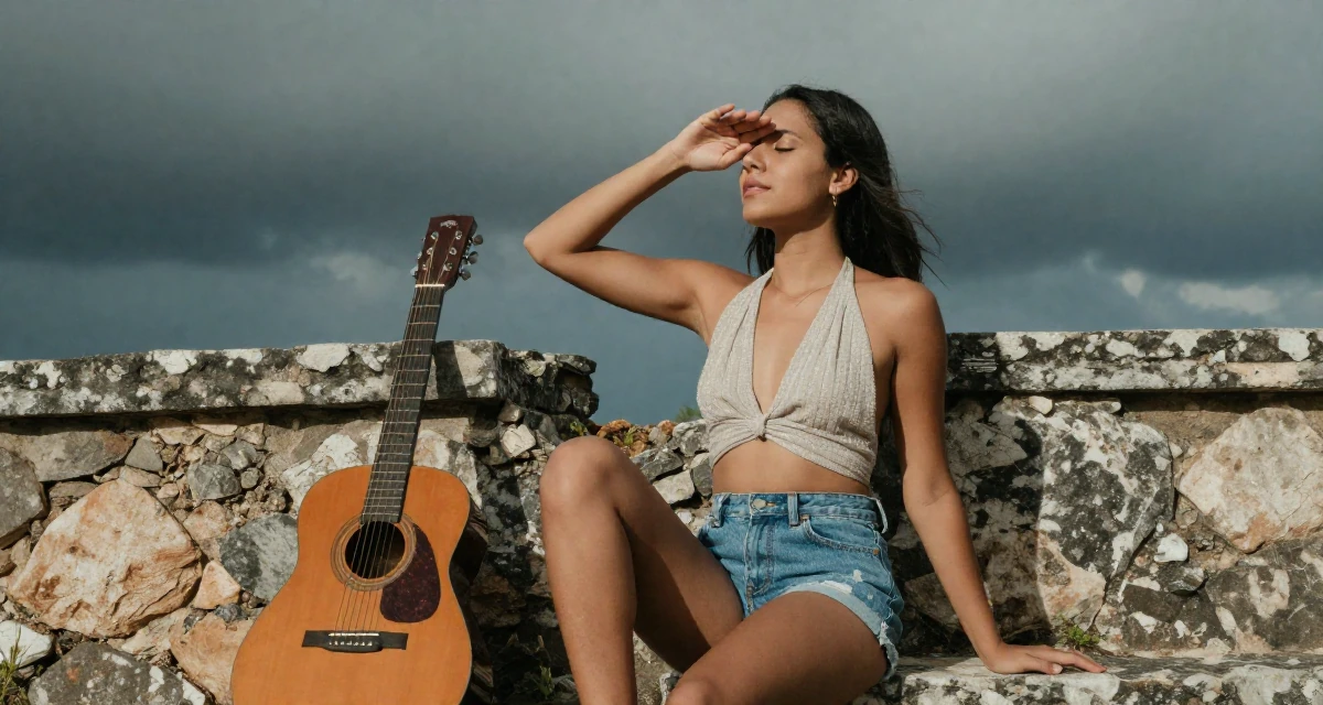 A dignified Female From Honduras, majored in creative writing in their 25, adjusting to newfound independence, wearing a backless halter top and denim shorts, covering eyes from the sun in a ancient stone ruins.