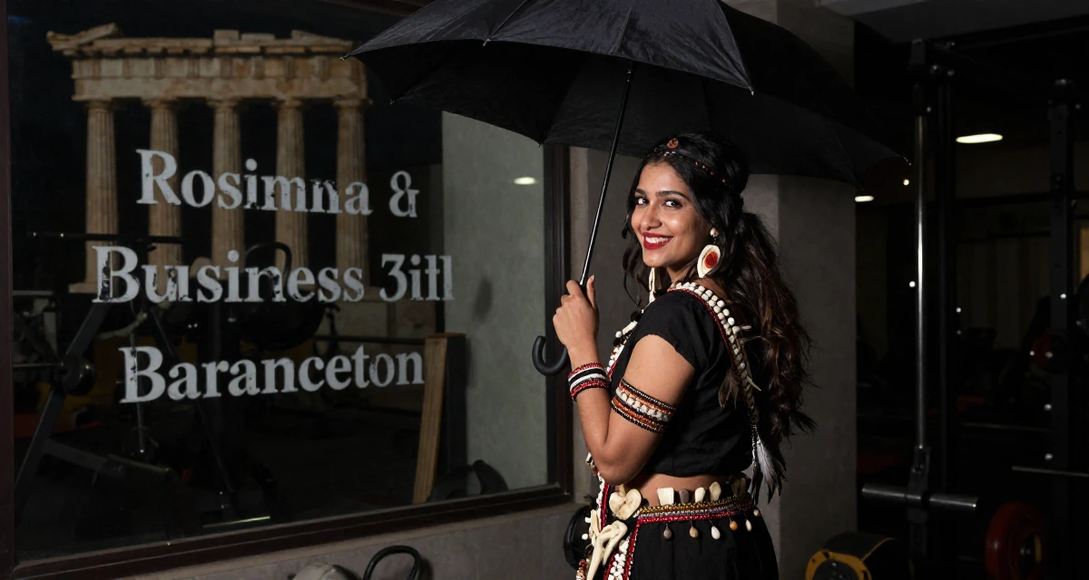 A delighted Female From Pakistan, based in Lahore, graduated from a business school majoring in marketing management in their 30, first-time entrepreneur building a startup, wearing a tribal shaman outfit with feathers and bones, holding an umbrella in a gym interior.