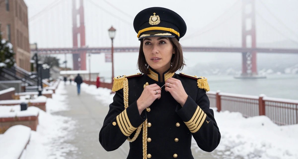 A thoughtful Female Once a med-school dropout, now exploring emotional vulnerability through art in their 31, sharing tips on modern urban gardening, wearing a imperial officer uniform with a peaked cap, fiddling with a necklace in a snowy sidewalk.