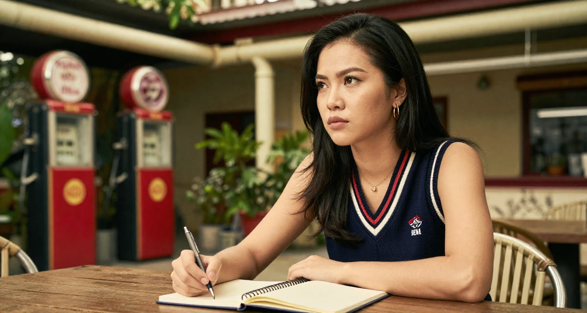 A assertive Female From Ho Chi Minh City Vietnam, studied multimedia design in their 21, focused intensely on fitness and glow-up culture, wearing a preppy sweater vest combo, glancing sideways in a garden patio.