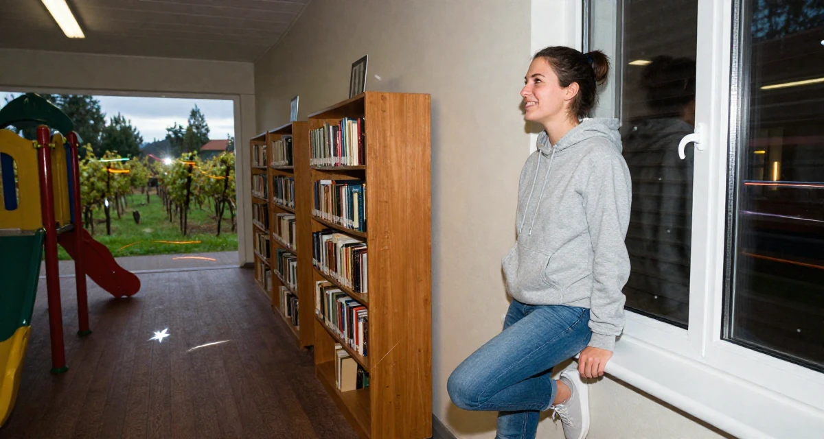 A cheerful Female From Finland, majored in educational psychology in their 25, over the drama of early 20s nightlife, wearing a classic grey hoodie and jeans, looking out the window in a school playground.