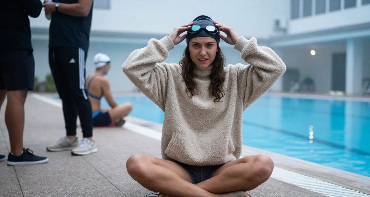 A rebellious Female Former swim team athlete, now building a fitness-focused fanbase in their 26, dealing with younger competition while finding identity, wearing a cozy fleece pullover, adjusting a hat in a urban street.