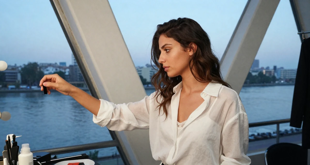 A cool and collected Female From Lebanon, based in Beirut, graduated from a creative institute majoring in expressive photoshoot styling in their 23, feeling pressure to “figure life out” quickly, wearing a sheer white blouse with a delicate camisole underneath, brushing hair away from the face in a backstage dressing room.