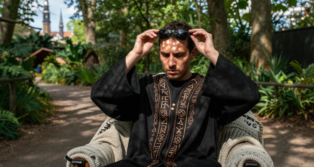 A sorrowful male From Netherlands, studied digital media and interaction design in their 22, facing creative blocks during busy weeks, wearing a cultist robe with mysterious rune embroidery, putting on sunglasses in a zoo pathway.