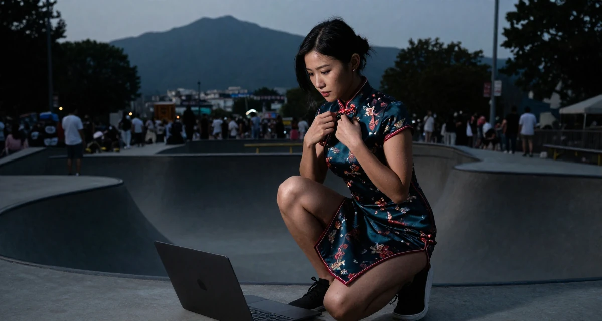 A self-assured Female From Canada, trained in culinary arts in their 30, carrying the weight of years of hustling online, wearing a Chinese qipao (cheongsam) modified with a high slit, fiddling with a necklace in a skate park.