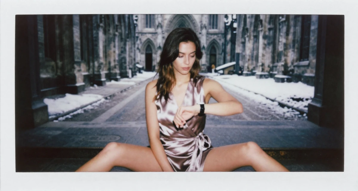 A aloof Female Once a startup assistant, now a creator experimenting with storytelling in their 22, maintaining emotional distance while delivering flirty energy, wearing a satin wrap dress tied loosely at the waist, glancing at a wristwatch in a gothic cathedral interior.