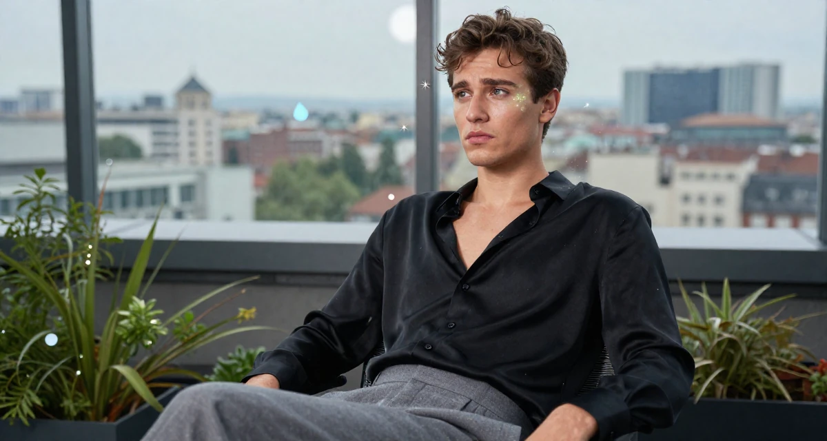 A worried male From Germany, majored in environmental science in their 21, hiding insecurity behind a perfect makeup look, wearing a black silk blouse slightly unbuttoned and a grey skirt, glancing sideways in a rooftop garden.