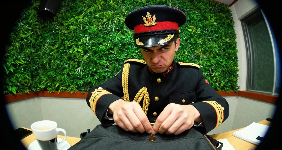 A defiant male From Madrid Spain, studied journalism in their 21, feeling the anxiety of impending graduation, wearing a military general uniform with gold braiding and a hat, closing a bag in a radio station.