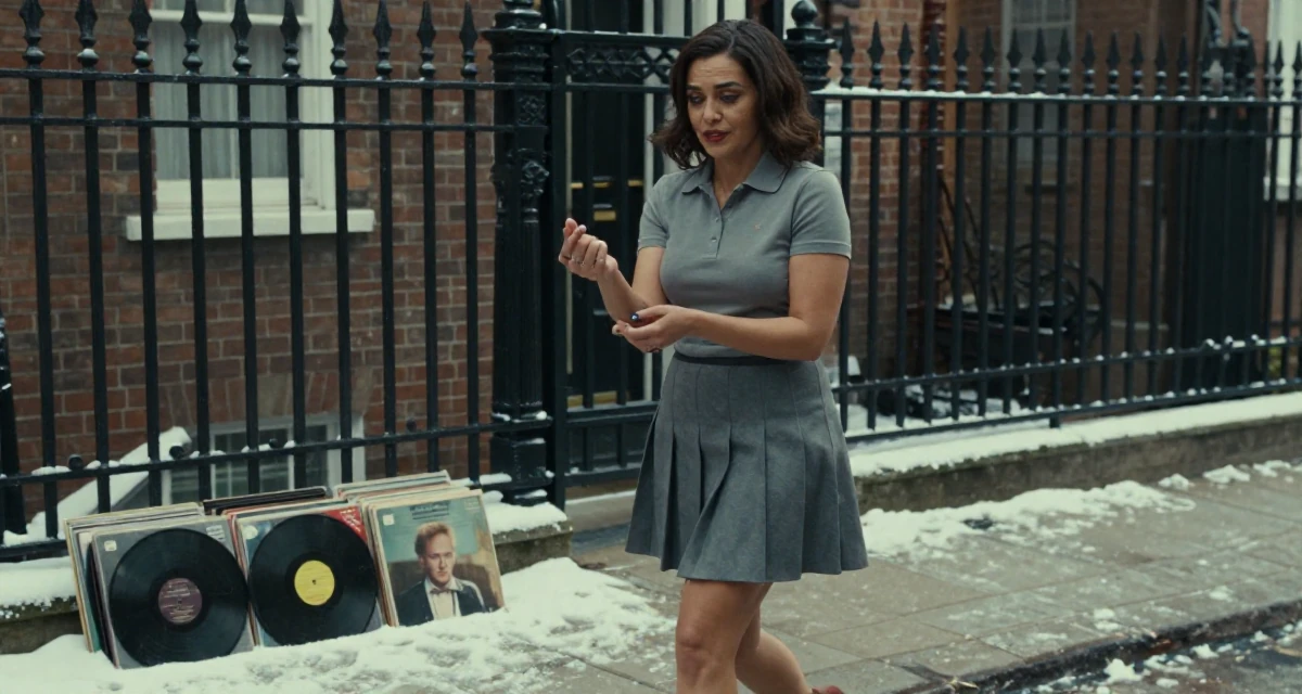 A bold and charismatic Female From England, studied film and television in their 48, documenting the process of writing a memoir, wearing a short pleated skirt and a tight polo shirt, fixing a cufflink in a snowy sidewalk.