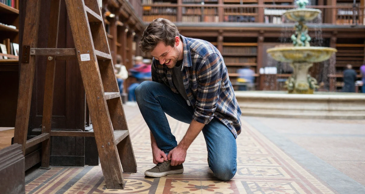 A triumphant male Grew up in Ireland, majored in digital marketing in their 23, learning the pain of “low views after high effort”, wearing a rugged flannel shirt and denim, tapping a foot in a old library with wooden ladders.