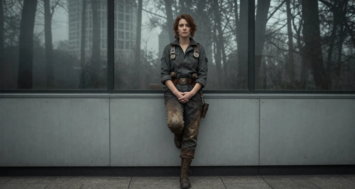 A assured Female From England, studied film and television in their 25, learning how poses can feel powerful instead of scary, wearing a steampunk mechanic jumpsuit with grease stains, clasping hands together in a waiting room.