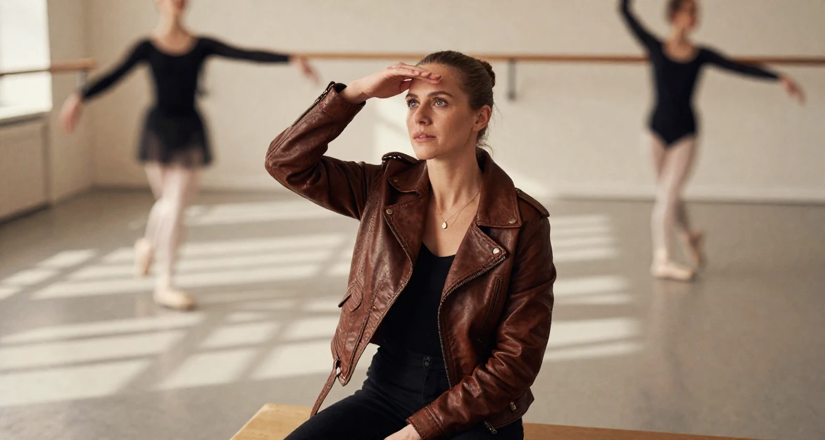 A assured Female From Sweden, studied sociology in their 35, teaching financial literacy to other women, wearing a vintage-inspired leather jacket look, shading eyes with a hand in a ballet studio.
