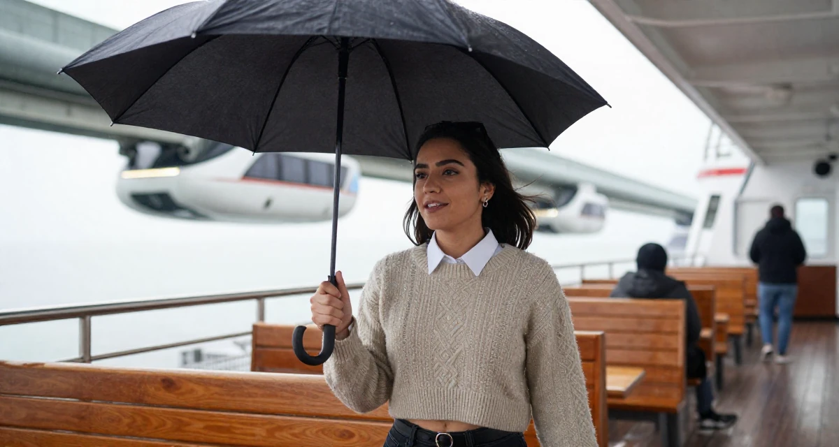 A charming Female From Mexico, majored in law in their 25, setting long-term goals for subscriptions and renewals, wearing a cropped sweater over a collared shirt, holding an umbrella in a ferry deck.