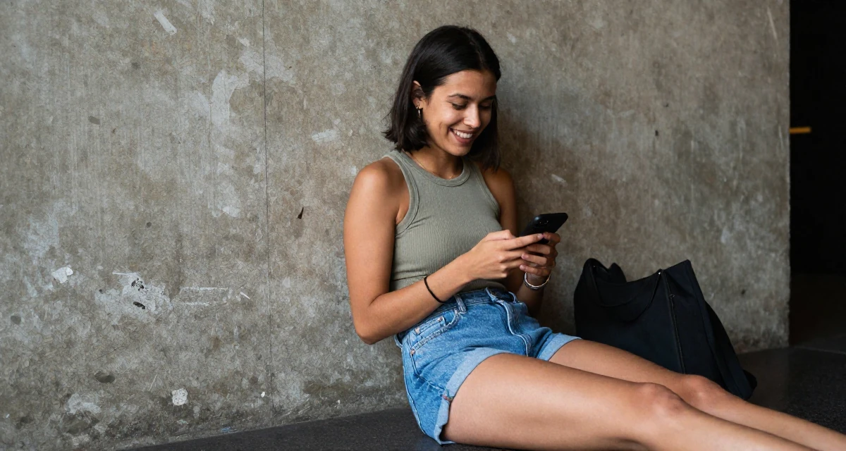 A upbeat Female From Manchester United Kingdom, studied sports science in their 32, exploring sustainable fashion and ethical living, wearing a fitted ribbed tank top and high-waisted denim shorts, checking a notification on a phone in a cinema lobby.