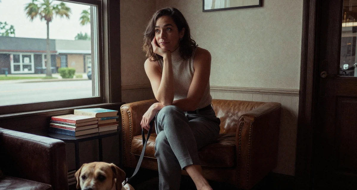 A lighthearted Female From Chicago USA, holds a degree in communications in their 25, thinking about quitting but too deep to walk away, wearing a sleeveless turtleneck top and tailored cigarette pants, walking a dog (leash visible) in a cozy reading nook by a window.