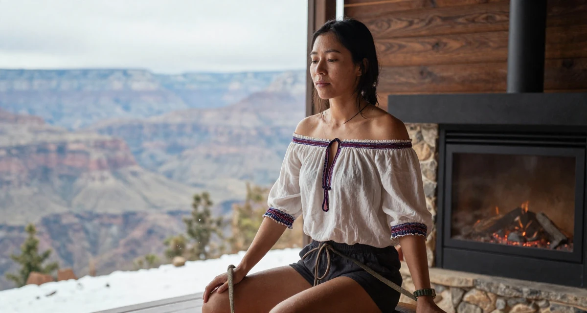 A gentle Female From Chiang Mai Thailand, studied alternative wellness and body flow in their 31, feeling the biological clock or societal pressure, wearing a boho style off-shoulder peasant top and shorts, holding a leash in a ski lodge fireplace.