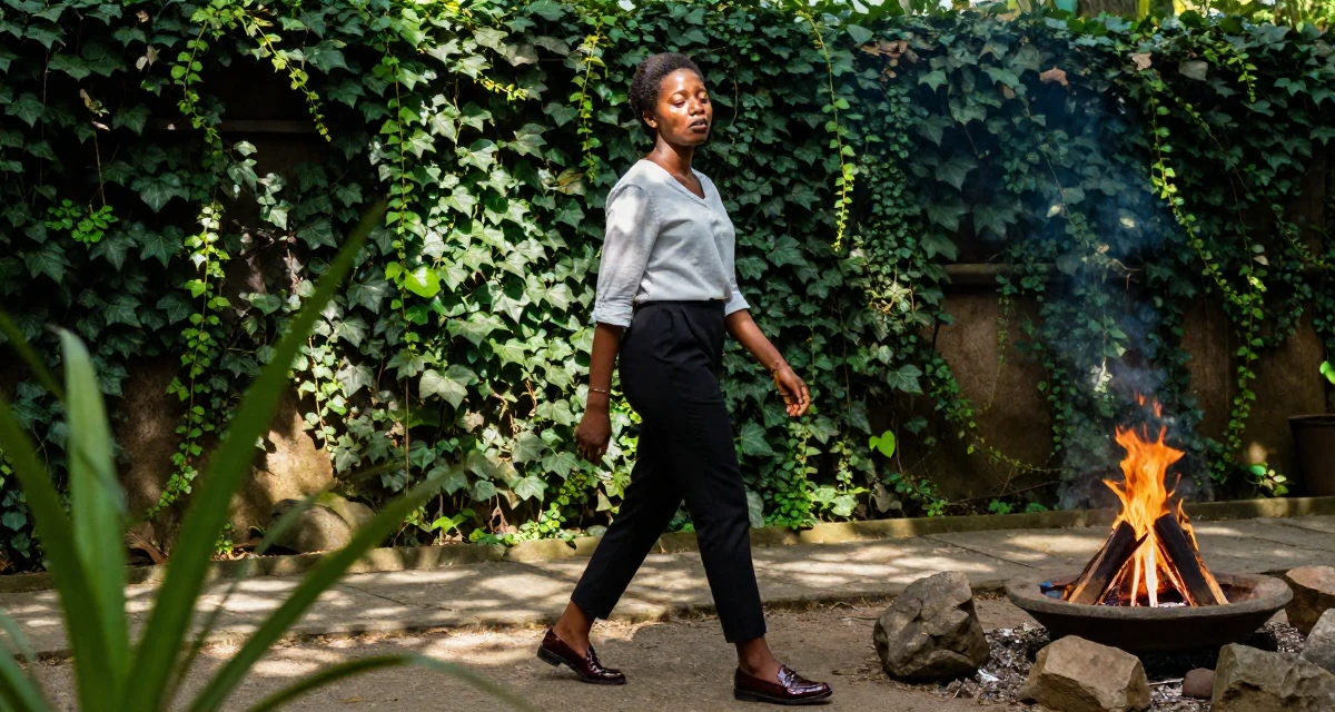 A exhausted Female From Lagos Nigeria, majored in digital marketing in their 26, feeling the shift from junior to mid-level expectations, wearing a polished loafer and trousers look, crossing legs in a campfire circle.