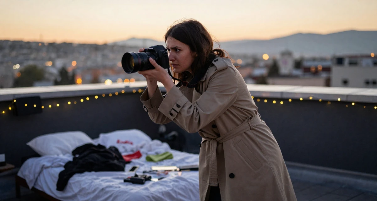 A determined Female From Georgia, based in Batumi, graduated from a local academy majoring in social media management in their 20, working a chaotic part-time job, wearing a long trench coat belted tightly at the waist, holding a camera ready to shoot in a rooftop terrace at sunset.