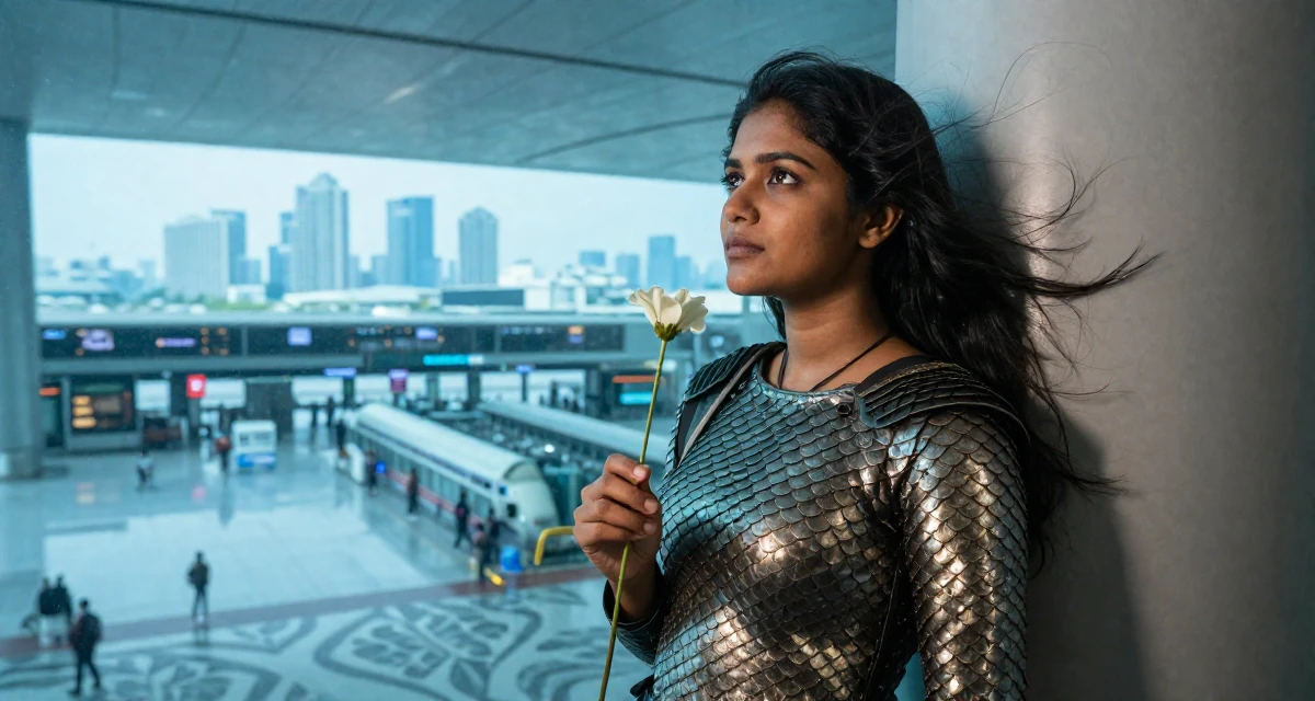 A thoughtful Female From Bangalore India, holds a degree in software engineering in their 24, exploring opportunities for self-expression, wearing a dragon scale armor texture with metallic sheen, holding a flower in a airport terminal.