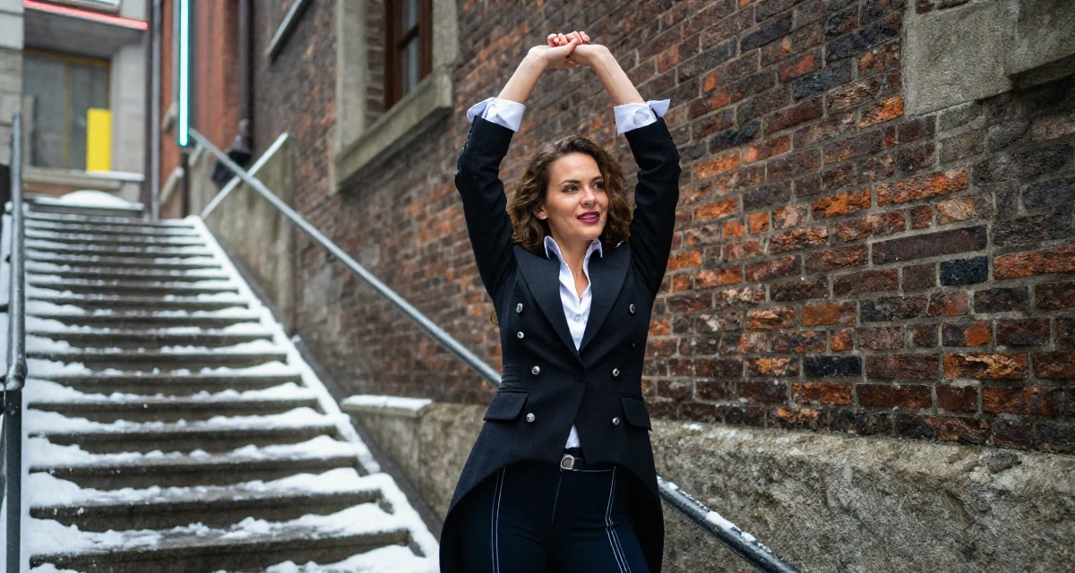 A warm Female From Geneva Switzerland, studied elegance-based visual storytelling in their 37, focused on building generational wealth, wearing a circus ringmaster outfit with a tailcoat, rolling up sleeves in a winding staircase.