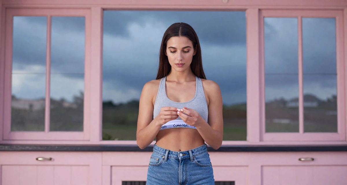 A confident Female Former martial-arts trainee, now producing athletic creator content in their 25, developing a stronger creator identity and niche, wearing a classic calvin klein style sports bra and jeans, inspecting fingernails in a rustic kitchen.