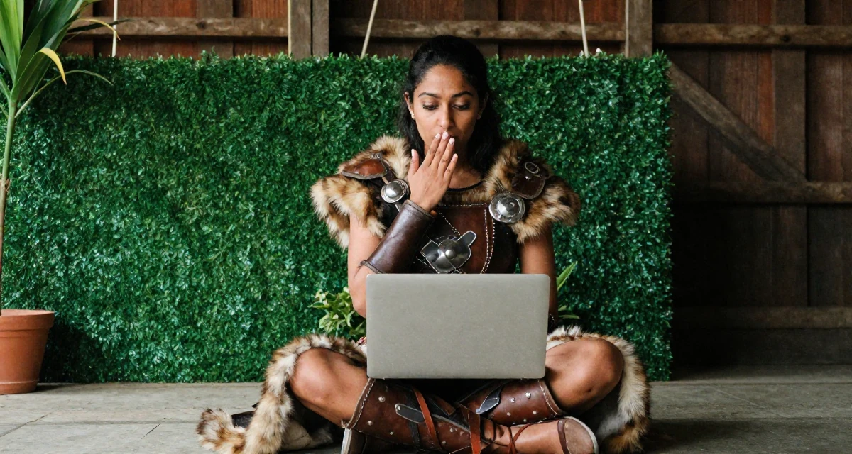 A expectant Female From India, studied biotechnology in their 25, discovering what content feels comfortable or not, wearing a viking shield-maiden outfit with fur and leather, holding a laptop in a barn interior.
