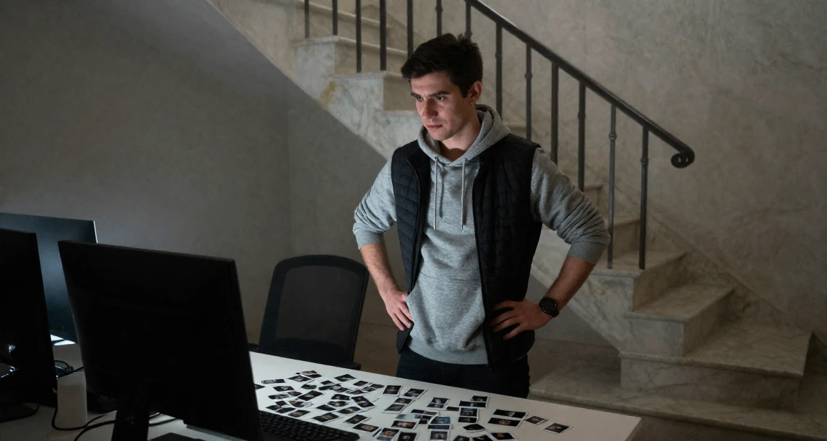 A commanding male From Georgia, based in Batumi, graduated from a local academy majoring in social media management in their 20, chasing internet fame and creative validation, wearing a layered vest over hoodie, rolling up sleeves in a office workspace.