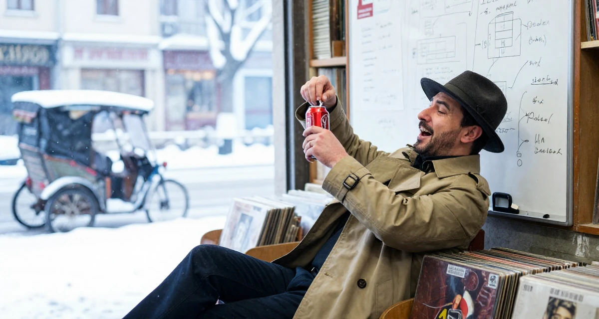 A triumphant male From Istanbul Türkiye, learned belly dance and expressive movement in their 25, recognizing the value of mentorship and guidance, wearing a detective trench coat and fedora hat, opening a soda can in a vintage record store.