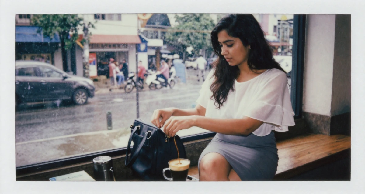 A fearless Female From Bangladesh, based in Chittagong, graduated from a technical college majoring in graphic design in their 23, analyzing which posts convert best, wearing a tight pencil skirt and a loose chiffon top, reaching into a bag in a rainy window seat.