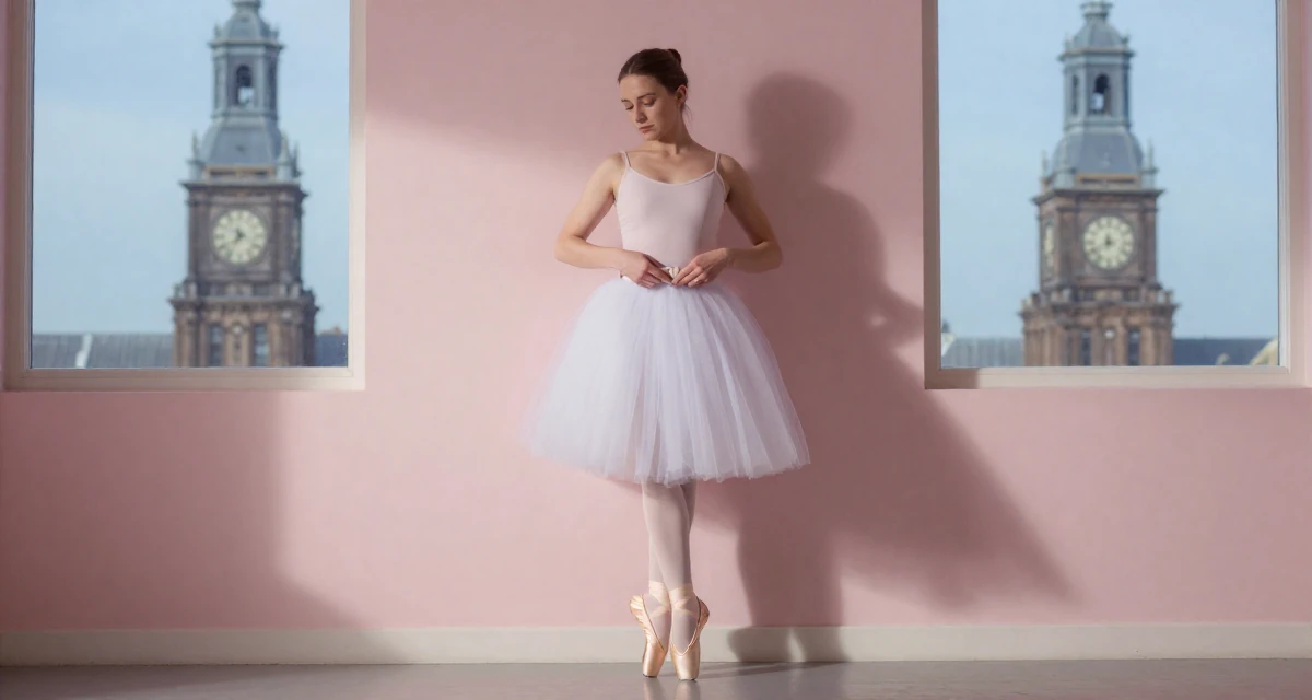 A contemplative Female From Netherlands, studied media and culture in their 26, working through back-to-back burnout cycles, wearing a ballet tutu and satin pointe shoes, adjusting a belt in a home interior.