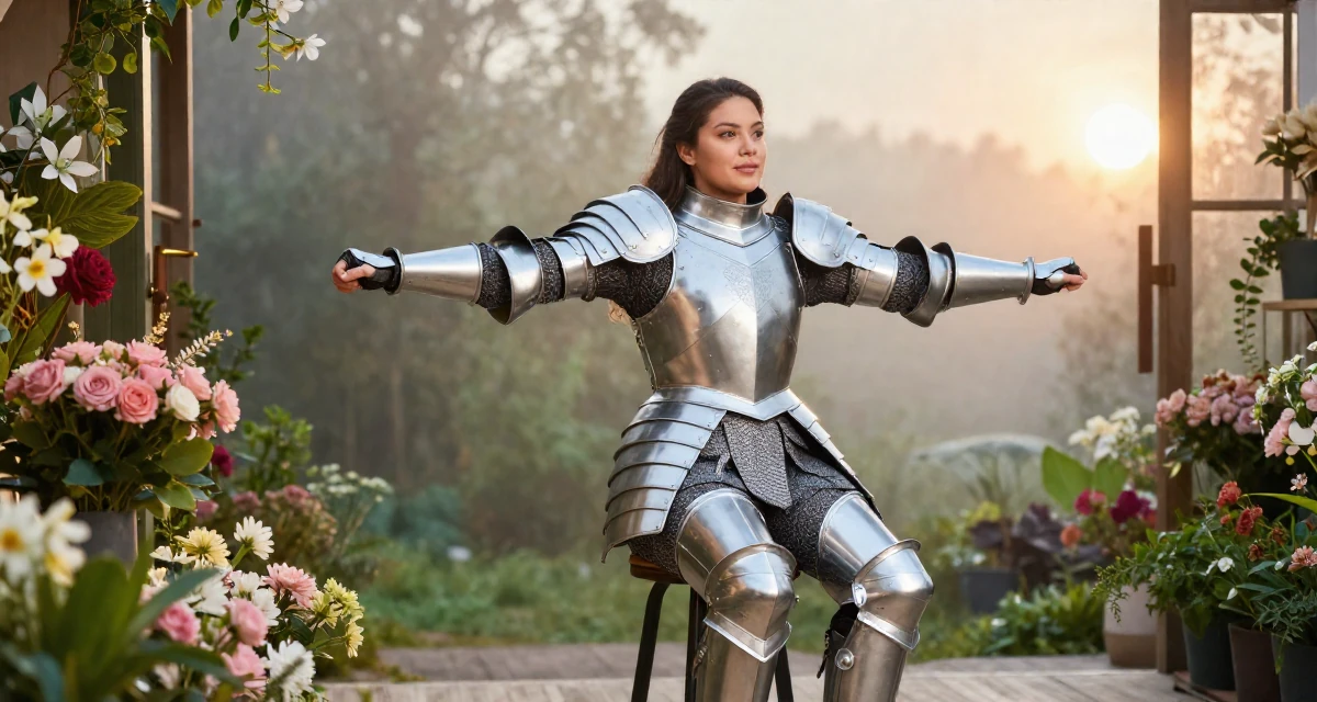 A quietly confident Female Once a logistics coordinator, now creating body-positivity material in their 27, investing in equipment instead of vacations, wearing a fantasy warrior princess armor made of silver metal, stretching arms in a flower shop entrance.