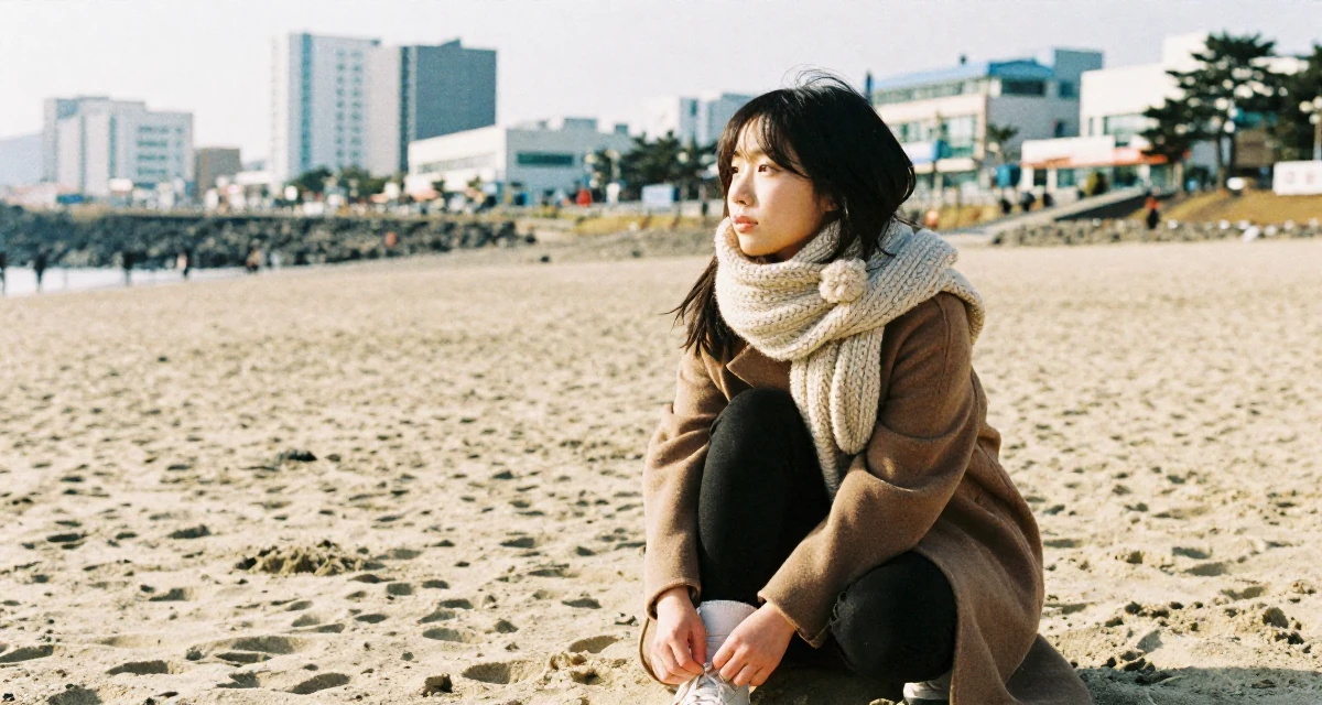 A dreaming Female From South Korea, based in Jeju, graduated from a fashion school majoring in body language aesthetics in their 21, seeking internships and professional validation, wearing a heavy knit scarf and coat, tying a shoelace in a quiet park.