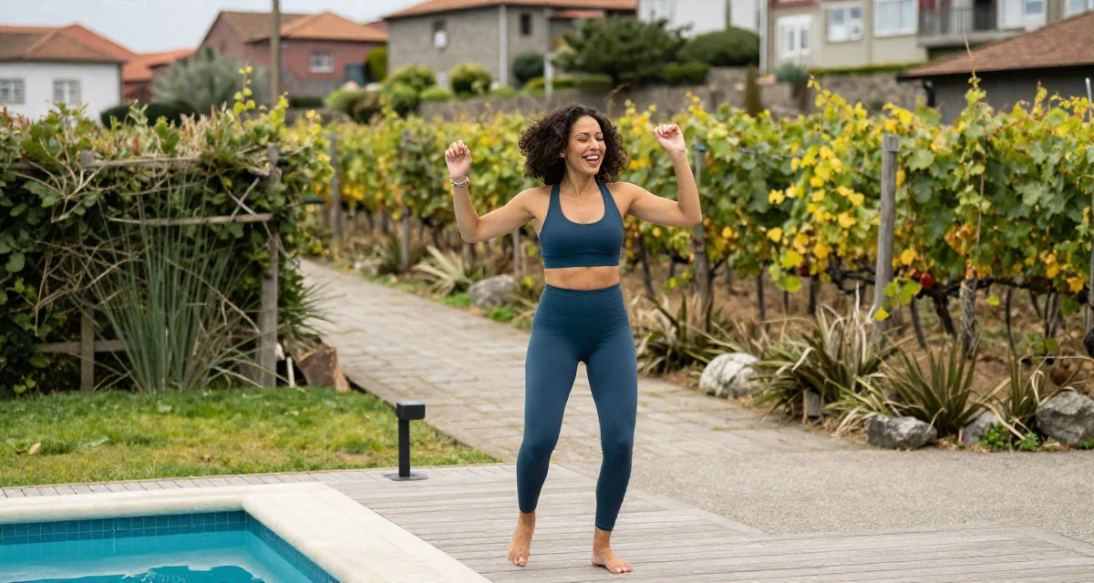A radiant Female From Porto Portugal, studied event management in their 40, starting a business after years of corporate life, wearing a form-fitting athletic set with a sports bra and leggings, humming a tune visually in a swimming pool deck.