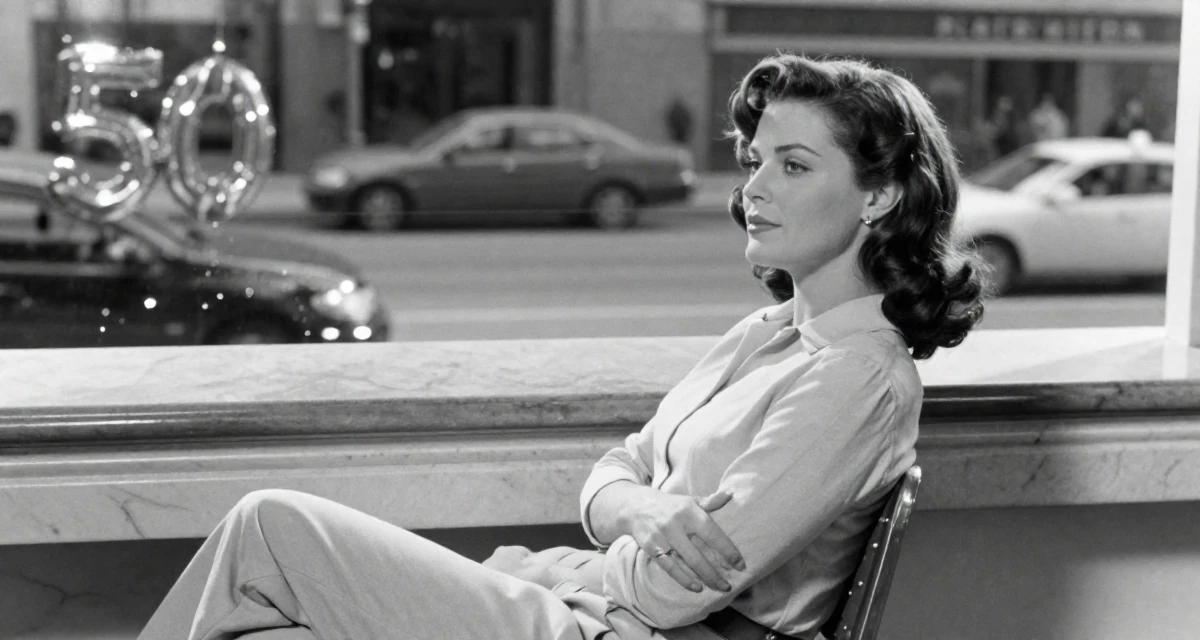 A sleepy Female From USA, has a background in real estate in their 49, looking forward to the freedom of 50, wearing a clean, neutral-toned casual outfit, watching traffic pass by in a classroom setting.