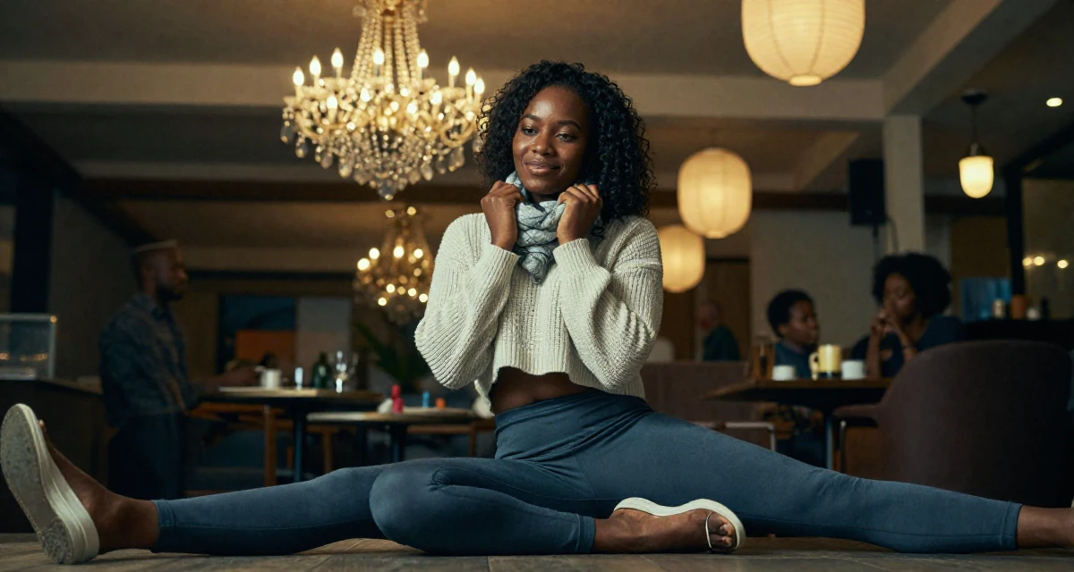 A warmhearted Female From Nigeria, majored in business communication in their 40, sharing the joy of adoption and family, wearing a cropped knitted sweater and form-fitting yoga pants, wrapping a scarf around the neck in a high-end restaurant.