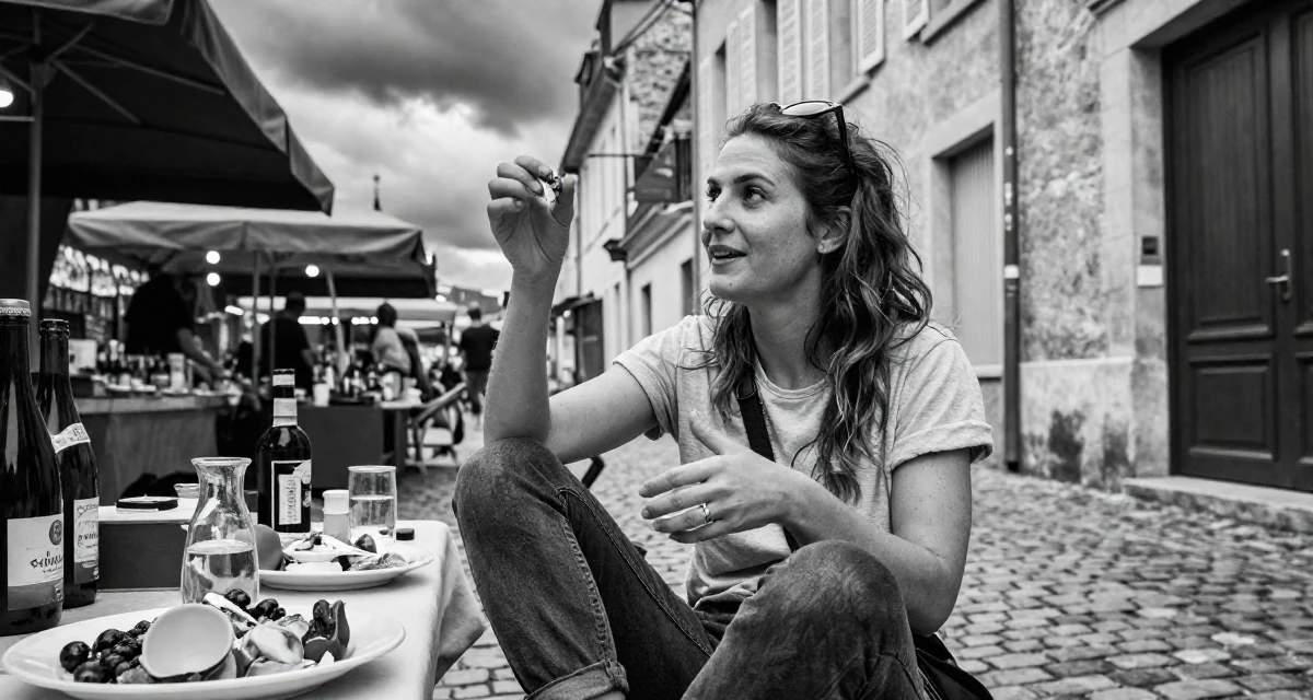 A vibrant and alive Female From France, studied viticulture and oenology in their 26, cutting off toxic relationships and habits, wearing a casual weekend brunch outfit, picking something up in a night market stall.