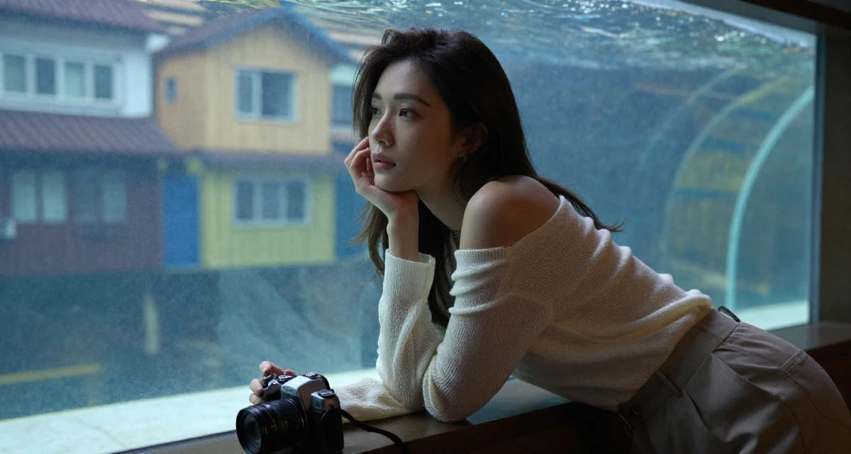 A reflective Female From Hong Kong, based in Tsim Sha Tsui, graduated from a creative institute majoring in seductive editorial styling in their 25, navigating emotionally intense relationships, wearing a off-the-shoulder knit top and dress pants, holding a camera in a aquarium tunnel.