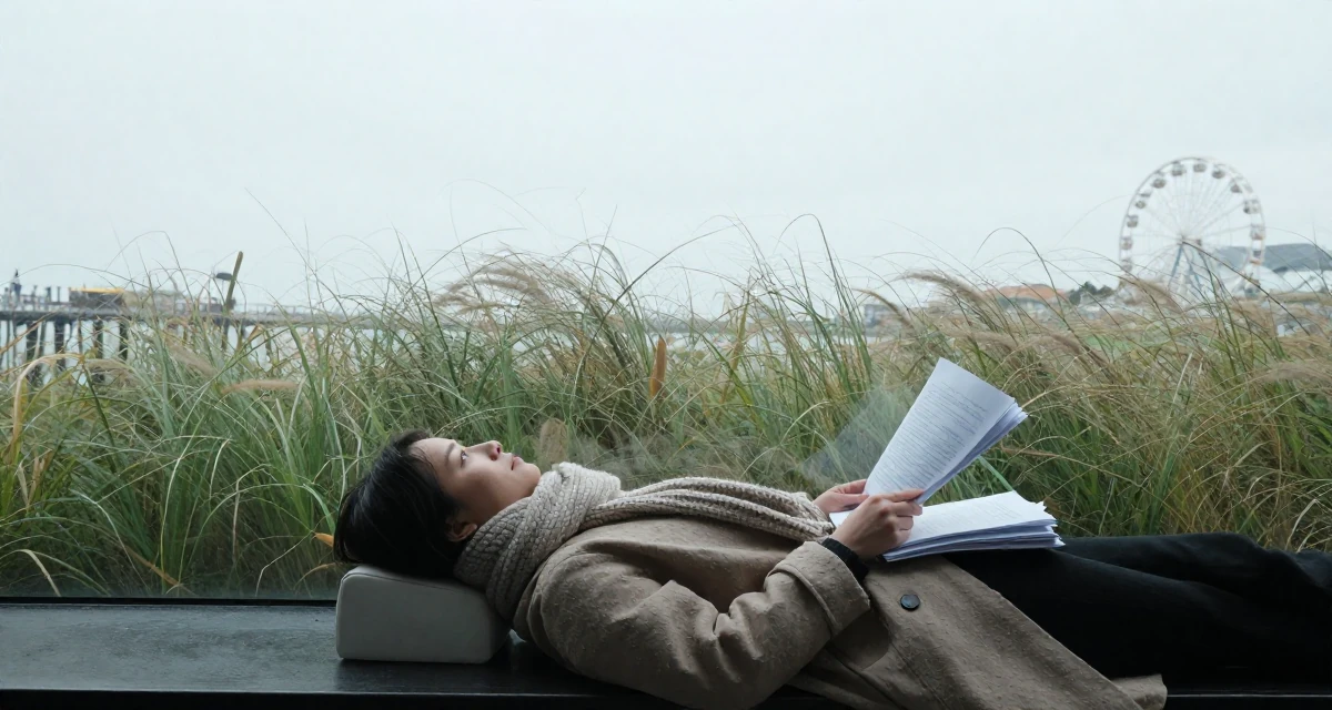 A thoughtfully silent Female Previously a bartender, now expressing nightlife energy through content in their 48, sharing lessons learned from failure, wearing a heavy knit scarf and coat, carrying a stack of documents in a aquarium tunnel.