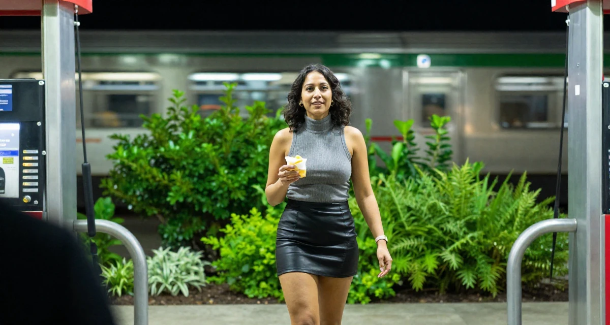 A hopeful Female From Canada, trained in culinary arts in their 25, feeling established in their chosen field, wearing a fitted turtleneck sleeveless top and a leather mini skirt, holding a snack in a gas station at night.