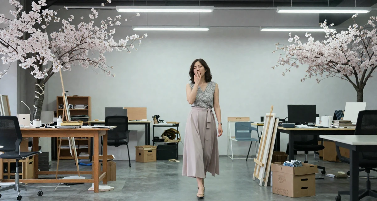 A alluring Female Once a bookstore clerk, now offering cozy aesthetic subscription content in their 49, looking forward to the freedom of 50, wearing a elegant evening casual wear, stifling a yawn in a messy artist studio.