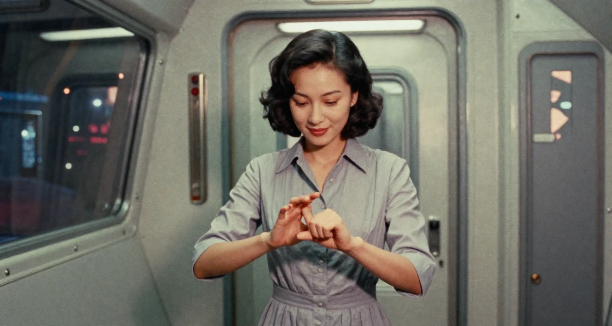 A affectionate Female From ChangSha China, holds a degree in human resource management in their 23, discovering the allure of slow, controlled movement, wearing a button-up shirt dress with the top buttons undone, cracking knuckles in a spaceship corridor.