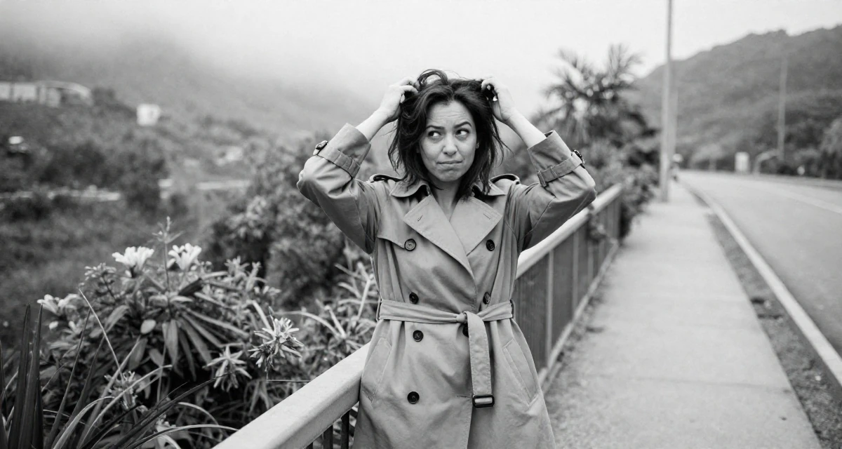 A sarcastic Female Once a digital-marketing intern, now running her own creator brand in their 33, creating content about healthy meal prepping, wearing a long trench coat belted tightly at the waist, messing up hair playfully in a bridge walkway.