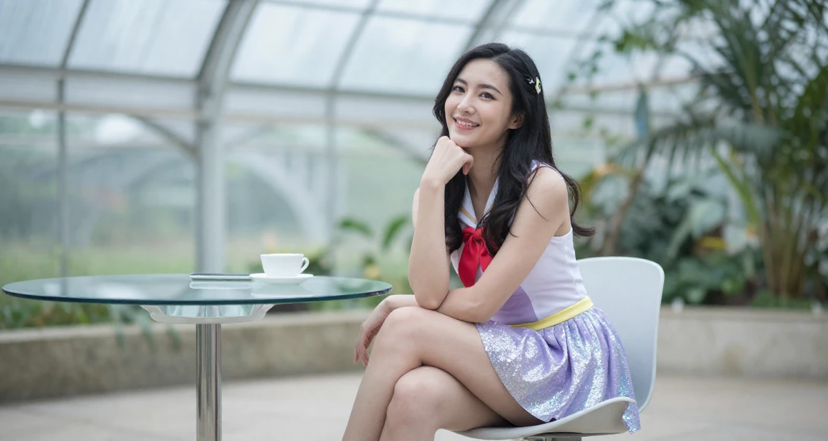 A radiant Female From Chinese-speaking regions, majored in marketing analytics in their 35, sharing luxury travel experiences on a budget, wearing a magical girl anime costume with a sparkly short skirt, resting a chin on a hand in a greenhouse interior.