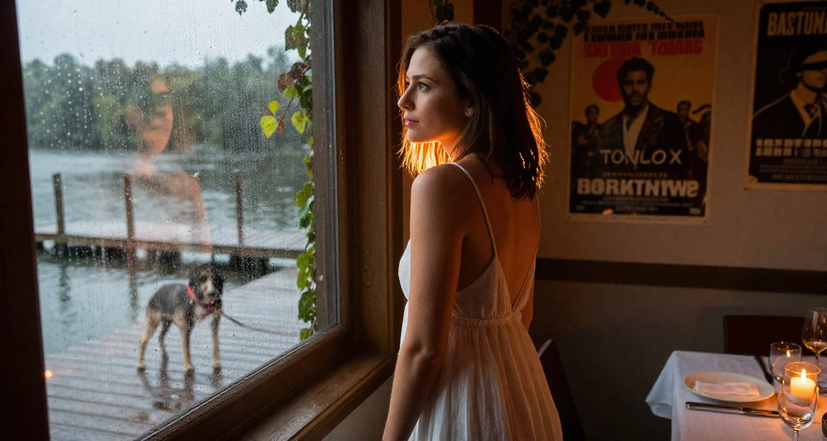 A mellow Female From USA, trained as a yoga instructor in their 23, staring pensively out a rain-streaked window, wearing a semi-sheer white sundress backlit by the sun, walking a dog (leash visible) in a serene lakeside dock.