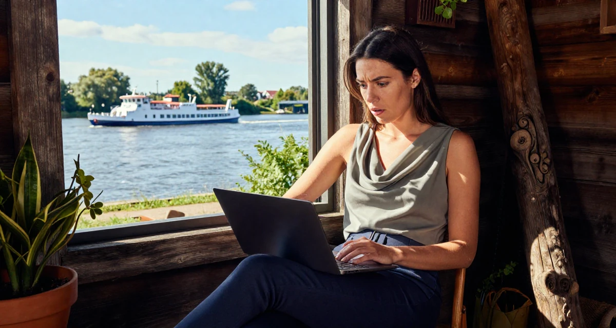 A awestruck Female From Hamburg Germany, learned studio lighting from fashion workshops in their 22, learning how to communicate professionally, wearing a draped neckline top and fitted slacks, scrolling casually in a rustic wooden cabin interior.