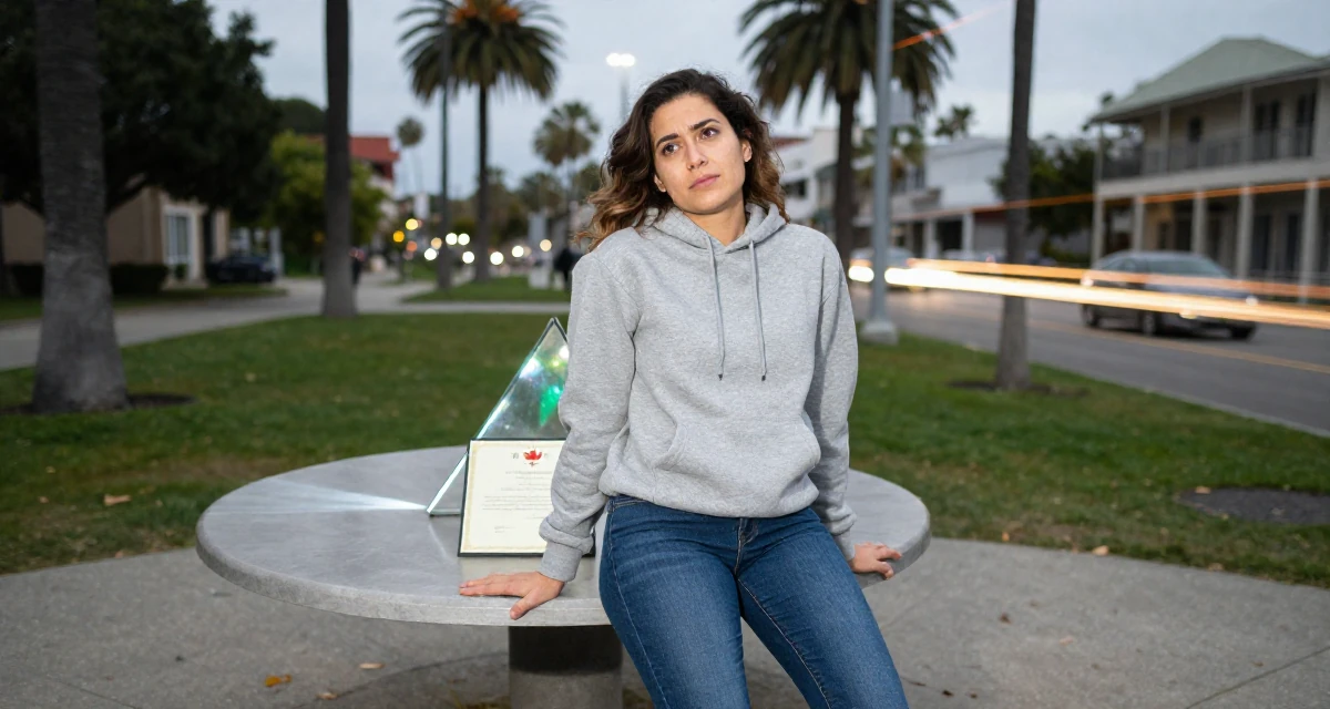 A dazed Female From Canada, has a diploma in graphic design in their 24, establishing a distinct professional reputation, wearing a classic grey hoodie and jeans, resting hands on a table in a quiet park.