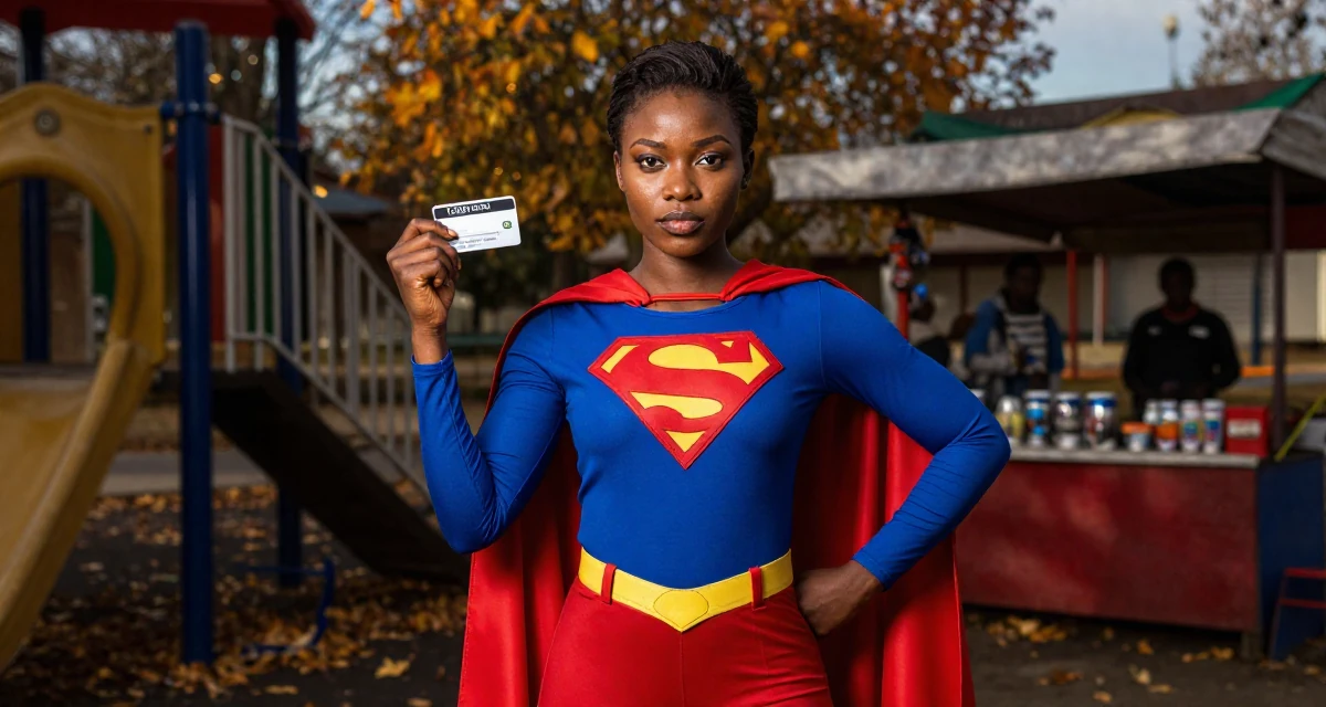 A composed Female From Cameroon, majored in applied statistics in their 29, letting go of the need to please everyone, wearing a superheroine spandex suit with a cape, holding a subway card in a school playground.